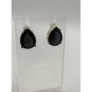 Teardrop Silver Stud Earrings With Black Crystals